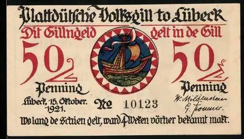 Notgeld Lübeck, 1921, 50 Penning, Plattdeutsche Volksgill mit Schiff und Bauernfrau Illustration