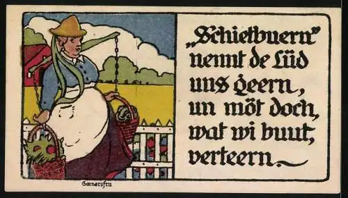 Notgeld Lübeck, 1921, 50 Penning, Plattdeutsche Volksgill mit Schiff und Bauernfrau Illustration