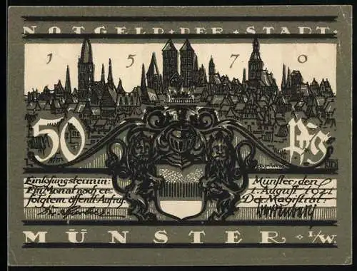 Notgeld Münster 1921, 50 Pfennig, Stadtansicht und Rathaus von Münster