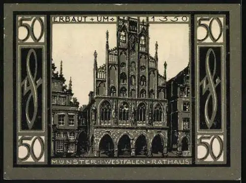 Notgeld Münster 1921, 50 Pfennig, Stadtansicht und Rathaus von Münster