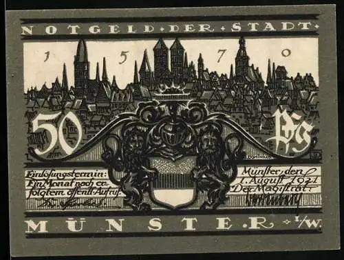 Notgeld Münster, 1921, 50 Pfennig, Stadtansicht und Rathaus von Münster, erbaut um 1350