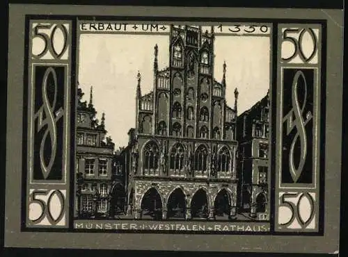 Notgeld Münster, 1921, 50 Pfennig, Stadtansicht und Rathaus von Münster, erbaut um 1350