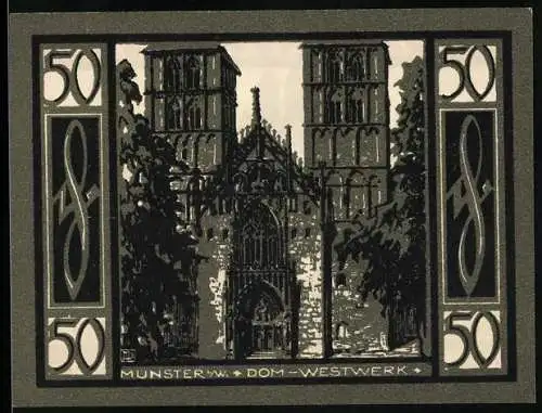 Notgeld Münster, 1921, 50 Pfennig, Dom-Westwerk und Stadtansicht mit Wappen