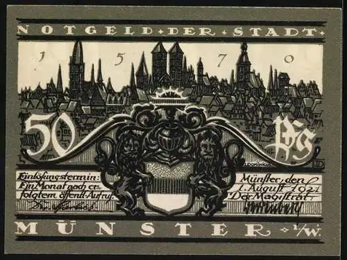 Notgeld Münster, 1921, 50 Pfennig, Dom-Westwerk und Stadtansicht mit Wappen