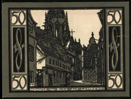 Notgeld Münster, 1921, 50 Pfennig, Stadtansicht und Blick auf Lamberti-Kirche