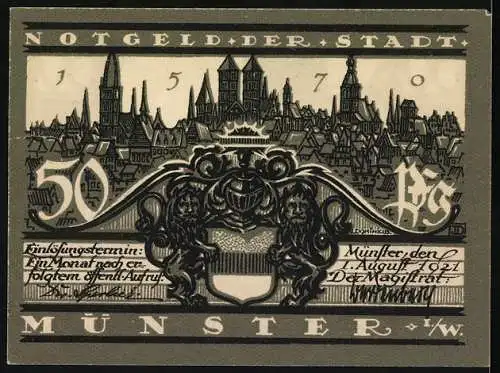 Notgeld Münster, 1921, 50 Pfennig, Stadtansicht und Blick auf Lamberti-Kirche