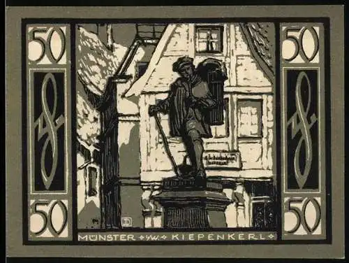 Notgeld Münster, 1921, 50 Pf, Kiepenkerl-Denkmal und Stadtansicht