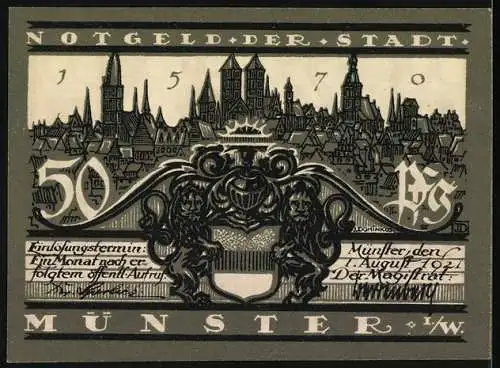 Notgeld Münster, 1921, 50 Pf, Kiepenkerl-Denkmal und Stadtansicht