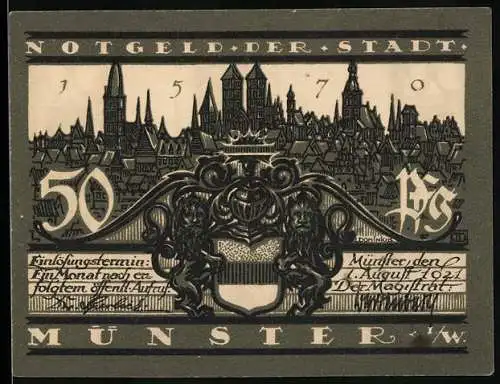 Notgeld Münster 1921, 50 Pf, Stadtansicht und Rathaus mit Baujahr 1350