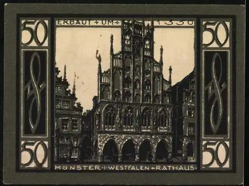 Notgeld Münster 1921, 50 Pf, Stadtansicht und Rathaus mit Baujahr 1350