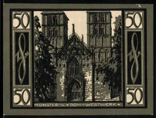 Notgeld Münster, 50 Pfennig, Dom Westwerk und Stadtansicht mit Stadtwappen