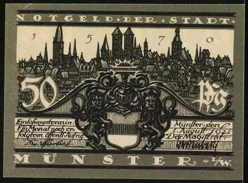 Notgeld Münster, 50 Pfennig, Dom Westwerk und Stadtansicht mit Stadtwappen