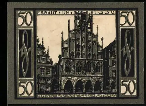 Notgeld Münster, 1921, 50 Pfennig, Rathaus und Stadtansicht mit Wappen, Erbaut um 1350, Einlösungsfrist ein Monat