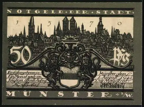 Notgeld Münster, 1921, 50 Pfennig, Rathaus und Stadtansicht mit Wappen, Erbaut um 1350, Einlösungsfrist ein Monat