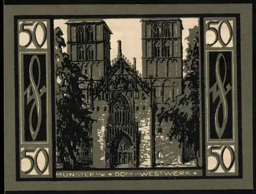 Notgeld Münster 1921, 50 Pfennig, Dom Westwerk und Stadtansicht mit Wappen und Löwen