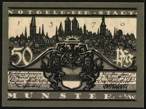 Notgeld Münster 1921, 50 Pfennig, Dom Westwerk und Stadtansicht mit Wappen und Löwen