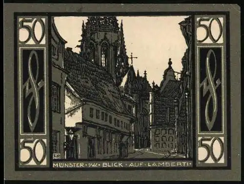 Notgeld Münster 1921, 50 Pfennig, Blick auf Lambertikirche und Stadtansicht, schwarz-weiss