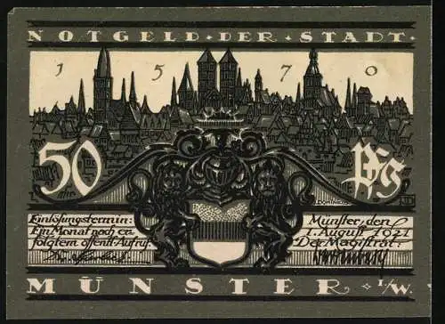 Notgeld Münster 1921, 50 Pfennig, Blick auf Lambertikirche und Stadtansicht, schwarz-weiss