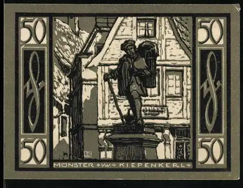 Notgeld Münster, 1921, 50 Pfennig, Kiepenkerl Denkmal und Stadtansicht