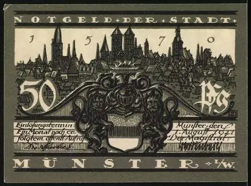 Notgeld Münster, 1921, 50 Pfennig, Kiepenkerl Denkmal und Stadtansicht