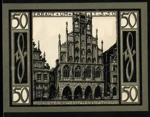 Notgeld Münster, 1921, 50 Pfennig, Rathaus und Stadtansicht von Münster