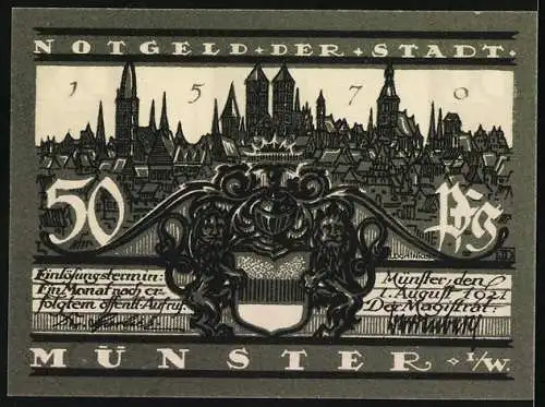 Notgeld Münster, 1921, 50 Pfennig, Rathaus und Stadtansicht von Münster