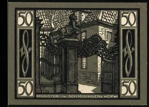 Notgeld Münster 1921, 50 Pfennig, Schmisinger Hof und Stadtansicht mit Wappen