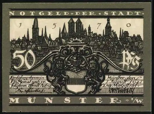 Notgeld Münster 1921, 50 Pfennig, Schmisinger Hof und Stadtansicht mit Wappen