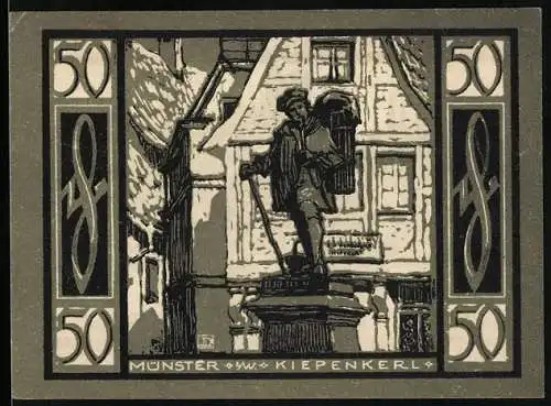 Notgeld Münster 1921, 50 Pfennig, Kiepenkerl-Denkmal und Stadtansicht mit Wappen