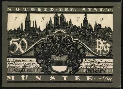 Notgeld Münster 1921, 50 Pfennig, Kiepenkerl-Denkmal und Stadtansicht mit Wappen