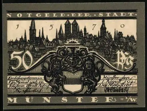 Notgeld Münster 1921, 50 Pfennig, Stadtansicht und Kiepenkerl Statue