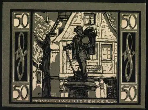 Notgeld Münster 1921, 50 Pfennig, Stadtansicht und Kiepenkerl Statue