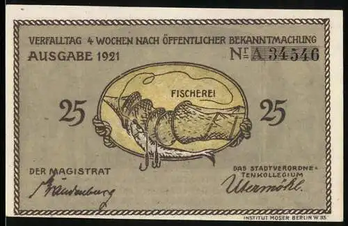 Notgeld Plön, 1921, 25 Pfennig, Fischerei und Stadtansicht Alt Plön