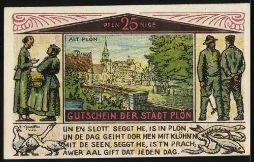 Notgeld Plön, 1921, 25 Pfennig, Fischerei und Stadtansicht Alt Plön