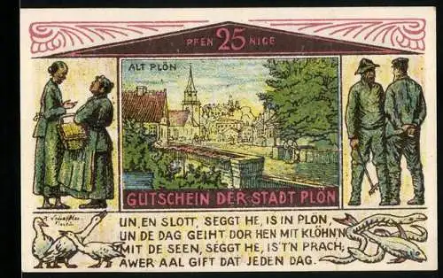 Notgeld Plön, 1921, 25 Pfennig, Stadtansicht und Fischer-Szene