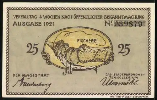 Notgeld Plön, 1921, 25 Pfennig, Stadtansicht und Fischer-Szene