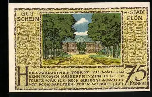 Notgeld Plön, 1921, 75 Pfennig, Gutsschein mit Herzogslusthus und Prinzenfarm