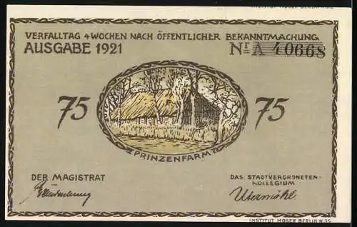 Notgeld Plön, 1921, 75 Pfennig, Gutsschein mit Herzogslusthus und Prinzenfarm