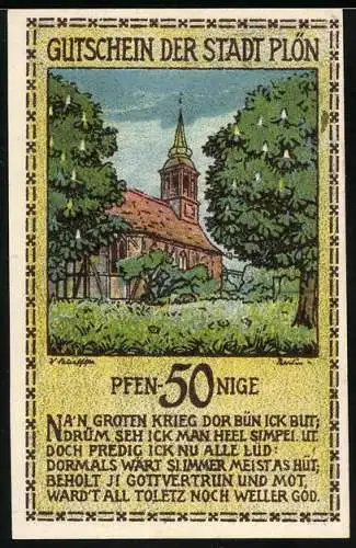 Notgeld Plön, 1921, 50 Pfennig, Kirche und Gründer der Neustadt, Hans Adolf