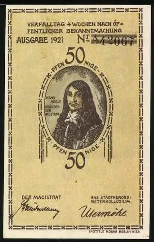 Notgeld Plön, 1921, 50 Pfennig, Kirche und Gründer der Neustadt, Hans Adolf