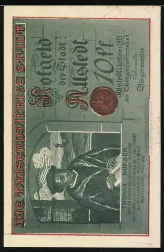 Notgeld Allstedt 1921, 10 Pfennig, Darstellung von Thomas Müntzer und mittelalterliche Szene