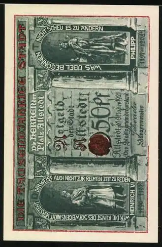 Notgeld Allstedt 1921, 50 Pfennig, Das Rossmarkt Tor und historische Figuren