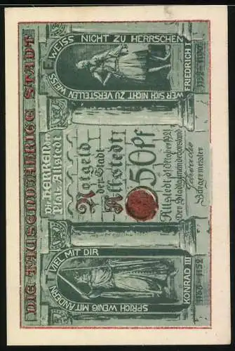 Notgeld Allstedt 1921, 50 Pfennig, Rathaus und historische Figuren