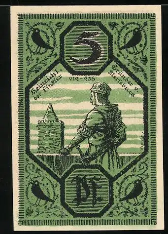 Notgeld Merseburg 1921, 5 Pfennig, Ritter auf Burg mit Raben und Schlüssel