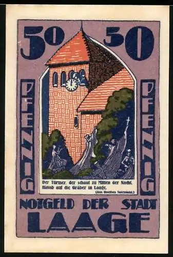 Notgeld Laage, 1921, 50 Pfennig, Turm und Stierkopf Illustration, gültig bis 1924