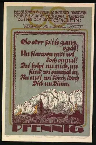 Notgeld Gnoien, 1922, 50 Pfennig, Arbeiter an einer Maschine, Gedicht und Landschaft