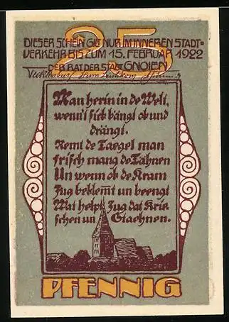 Notgeld Gnoien, 1922, 25 Pfennig, Mann mit Sense und Inschrift, Stadtansicht mit Kirche