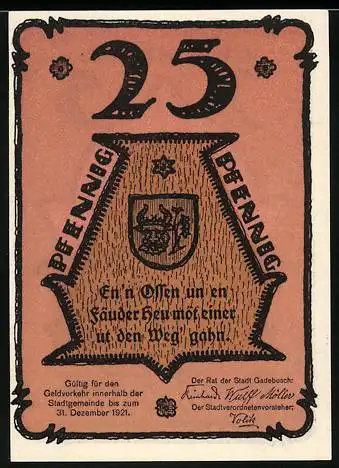 Notgeld Gadebusch 1921, 25 Pfennig, mit Stadtwappen und Gebäudeansicht