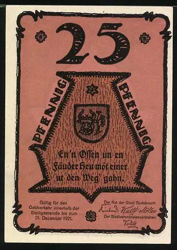 Notgeld Gadebusch, 1921, 25 Pfennig, Reutergeld Stadt Gadebusch, Gebäude und Wappen