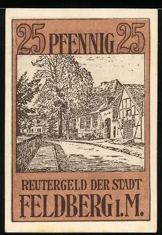 Notgeld Feldberg i.M., 1921, 25 Pfennig, Reutergeld der Stadt mit Landschaftszeichnung und Gedicht